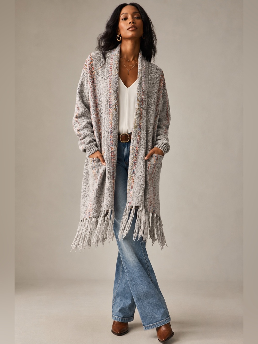 Creation Multicolor Fringe Cardigan in Gray Like New Boho Artisan Open Front 1XL